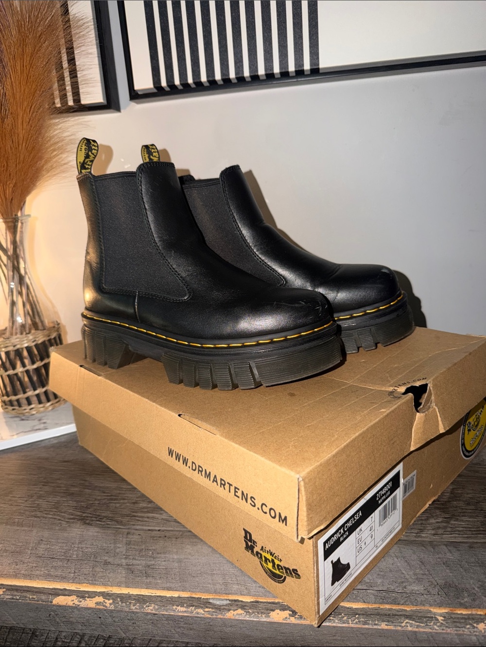 Dr. Martens Black Leather Platform Chelsea Boots with Yellow Stitching